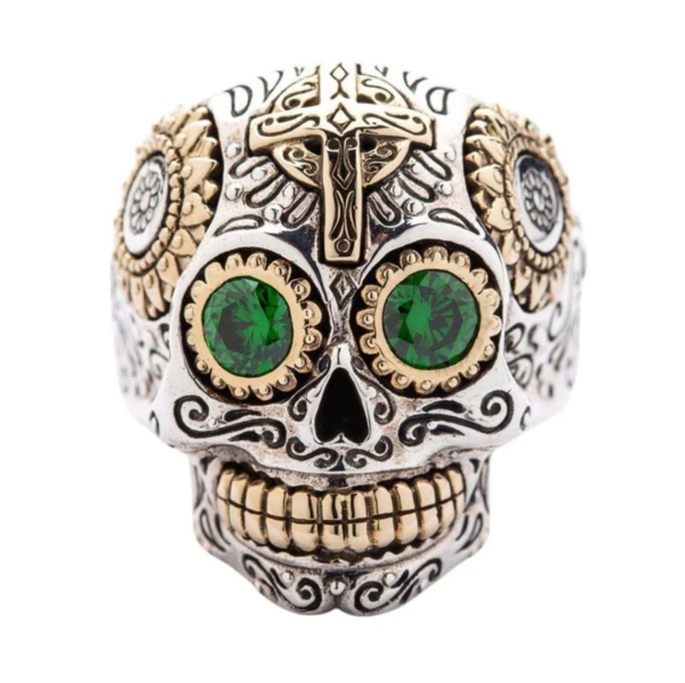 New Stainless Steel Green Gemstone Sugar Skull Ring.